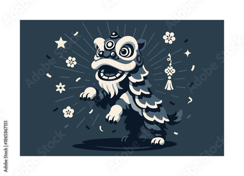 Lion Dance Finale. Lion dance finale. Lion rearing slightly with decorative elements floating around; radial bursts behind. Soft layered shadows adding