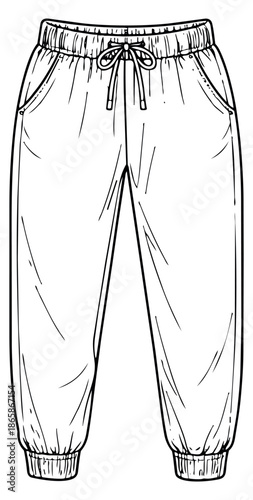 Hand drawn line art illustration of sweatpants depicting casual loungewear for fashion design