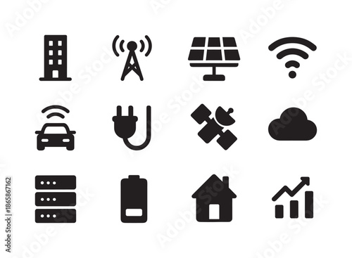 Smart City Icons. Smart Cities. Solid icon set of smart cities: building, antenna, solar panel, wifi, car, plug, satellite, cloud, server, battery, house,