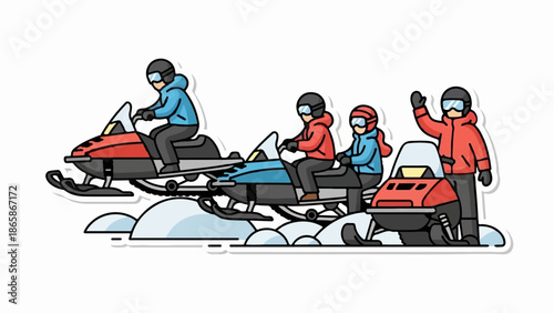 Four people enjoying snowmobiling on a snowy landscape