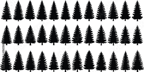 Set of eight black tree silhouettes, oak, pine, fir, maple, nature icons for landscape architecture, cad drawing flat vector illustration.