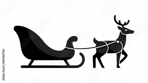 A black silhouette of a reindeer pulling a sleigh