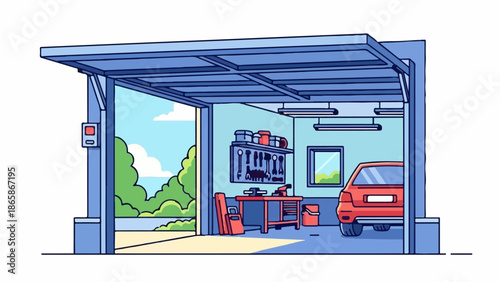 Open garage workshop with red car, tools, and workbench