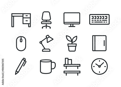 Home Office Icons. Home office essentials. Line icon set of Home office essentials: desk, chair, monitor, keyboard, mouse, lamp, plant, notebook, pen, mug,