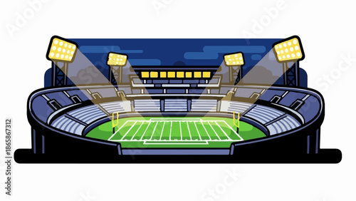 A stylized illustration of a sports stadium at night, illuminated by bright spotlights