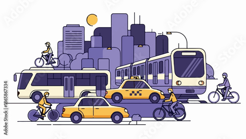 Stylized urban scene with diverse transportation modes, including a bus, train, taxis, and cyclists