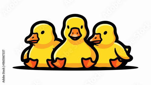 Three adorable, plump yellow ducklings sit together, their orange beaks and feet outlined in black