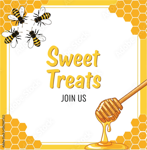 Sweet treats invitation with bees honeycomb and honey dipper for culinary events and bakery promotion vector