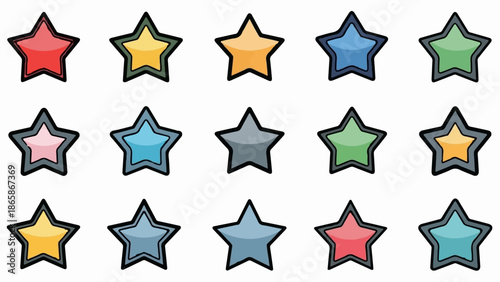 A grid of fifteen colorful, stylized stars with thick black outlines and grey inner borders