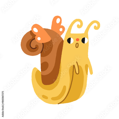 Cute snail surprised with butterfly wings on shell. Whimsical hybrid animal in magical fairytale transformation, change. Kawaii garden slug. Flat vector illustration isolated on white background