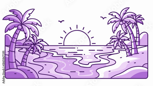 A vibrant purple sunrise over a tranquil beach with palm trees and gentle waves