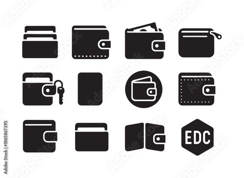 Everyday Wallet Icons. Everyday carry wallets. Solid icon set of Everyday carry wallets: compact cardholder, durable leather, essential cash slot, coin zip,