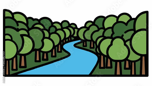 A stylized, cartoonish forest with a winding blue river flowing through it