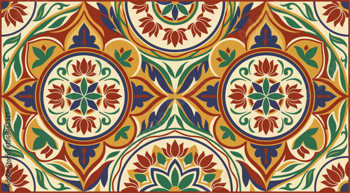 Vibrant Islamic Geometric Pattern with Floral Motifs and Symmetrical Design.