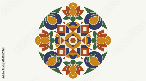 Vibrant Indian-inspired floral and geometric mandala design with traditional motifs.
