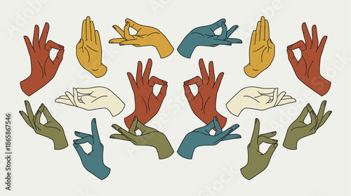 Colorful Hand Mudras for Meditation and Yoga Practice.