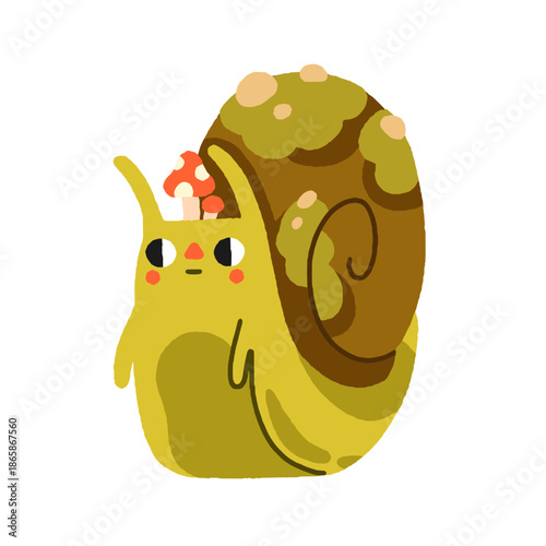 Cute kawaii snail with fly agaric mushrooms and shell house. Funny garden gas...