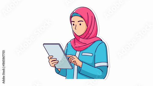 A person in a pink hijab and blue outfit uses a tablet device