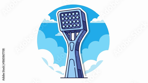 A stylized illustration of a modern spotlight tower against a cloudy blue sky