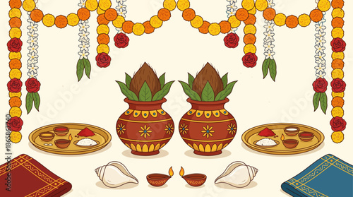 Traditional Indian Puja Setup with Kalash Diyas and Offerings for Religious Ceremonies.