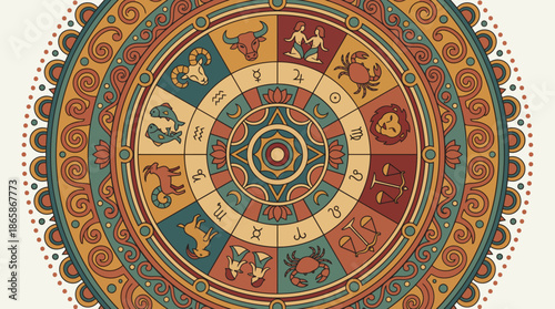 Intricate Astrological Zodiac Wheel with Ornate Mandala Design.