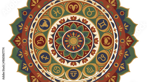 Intricate Zodiac Mandala with Astrological Symbols and Ornate Patterns.