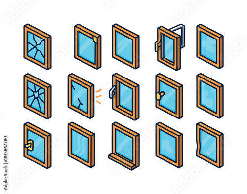 Colorful Broken Window Icons. Window damage. Colorful isometric vector icons set of window damage: cracked pane, broken corner, chipped edge, shattered glass,