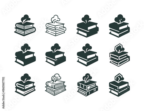 Dusty Tome Logos. Dusty tome. Icon set. Set Logo of Dusty tome: stack of old books. harmonious logo variations of the same emblematic concept, each with