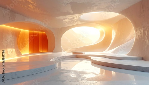 Futuristic Stage Interior with Orange and White Light