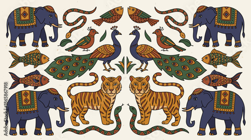 Indian folk art animals pattern with elephants tigers peacocks fish and snakes.