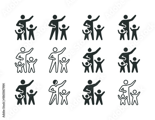 Dance Studio Icons. A choreographer teaching a dance class in a studio. Icon set. Set Logo of a choreographer teaching a dance class in a studio: hand movement