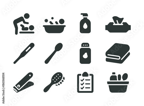 Baby Care Essentials. Baby care. Solid icon set of Baby care: diaper change icon, baby bath tub, baby lotion bottle, wet wipes pack, thermometer, feeding