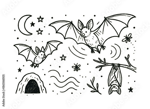 Bats in Night Flight. Flying mammals. Hand-drawn doodle illustration Flying mammals bat outline, wing membranes, moon symbol, stars, motion lines, cave shapes,