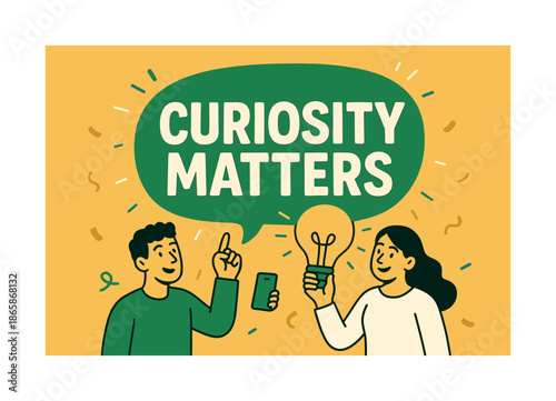 Curiosity Matters Banner. Curiosity Matters banner, flat vector illustration, bold oversized text inside rounded blob banner, cartoon characters standing and
