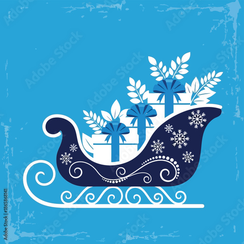 Elegant blue sleigh filled with wrapped gifts and festive winter foliage vector