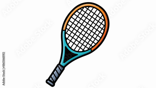 A cartoon illustration of a tennis racket with an orange rim and blue neck