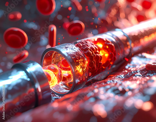 A vivid image showing a close-up view of the human circulatory system, showcasing blood flow and vessel structure