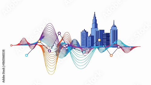 City skyline with abstract colorful waves and data points