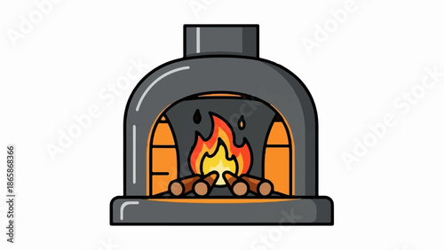 Cartoon illustration of a cozy fireplace with burning logs and flames