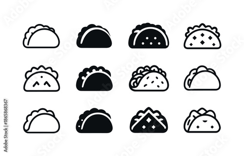 Taco Logo Variations. Tacos. Icon set. Set Logo of tacos: folded tortilla. harmonious logo variations of the same emblematic concept, each with different