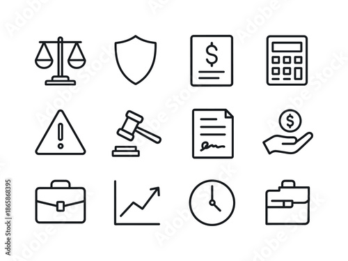 Liability Icon Set. Liability. Line icon set of Liability: balance scale, shield, document, dollar sign, calculator, warning triangle, gavel, contract, hand