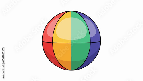 A brightly colored inflatable sphere, divided into four vertical segments of red, yellow, green, and purple, with a horizontal division