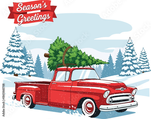 Retro red truck carrying christmas tree winter landscape season greetings illustration vector