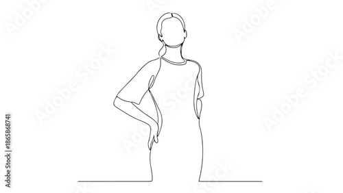 Continuous line drawing of a stylish young woman posing with confidence and elegance, embodying modern minimalist art. Vector illustration of a graceful female figure with hand on hip