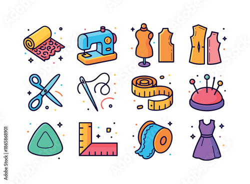 Dressmaking Icon Set. Dressmaking. Colorful isometric vector icons set of Dressmaking: lace fabric roll, sewing machine, dress mannequin, pattern pieces,
