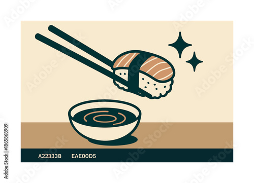 Chopsticks and Sushi Delight. Chopsticks and soy. A pair of chopsticks reaching for a sushi piece; a soy bowl casting soft ripples. Spark symbols showing taste