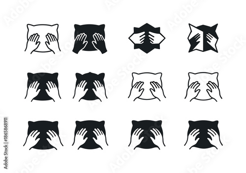 Fluffing Pillow Logos. Fluffing Pillows. Icon set. Set Logo of Fluffing Pillows: hands fluffing a soft pillow. harmonious logo variations of the same