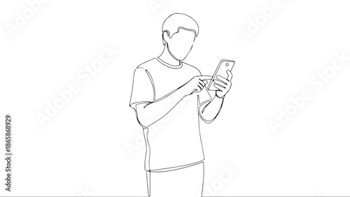 Minimalist continuous line drawing of a person actively using a smartphone, symbolizing modern digital communication and connectivity in everyday life