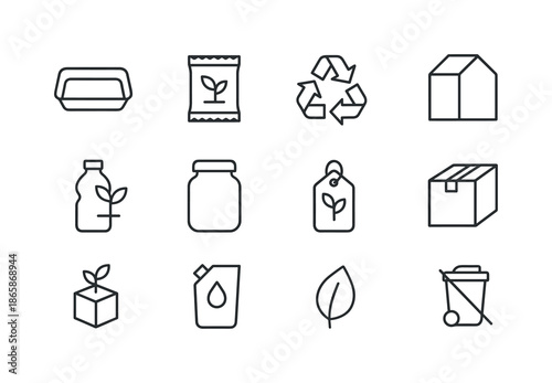 Sustainable Packaging Icons. Sustainable food packaging. Line icon set of Sustainable food packaging: biodegradable tray, compostable wrapper, recyclable