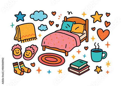 Cozy Children's Bedroom. Bedroom Cozy Vibes. Colorful Hand-drawn doodle Children illustration fuzzy slippers, blanket, pillows, books, warm mug, stars, hearts,